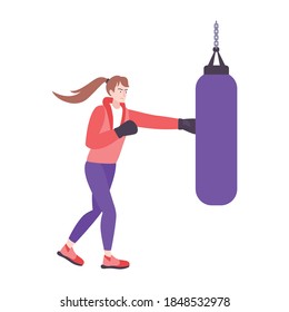 Self defense flat composition with isolated doodle character of boxing girl punching bag vector illustration