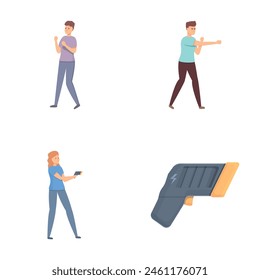 Self defense icons set cartoon vector. Character defends from attack. Aggression concept