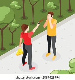 Self defense isometric background with outdoor park scenery and female character spraying pepper in male face vector illustration