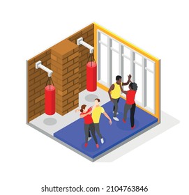 Self defense isometric composition of gymnastic hall scenery with hanging punch bags and women fighting men vector illustration