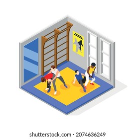 Self defense isometric composition with indoor scenery and gymnastic apparatus with two sparring pairs of athletes vector illustration