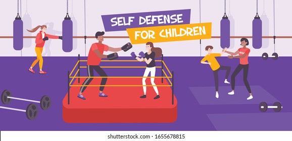 Self defense kid flat composition with text and indoor view of boxing sport section for children vector illustration