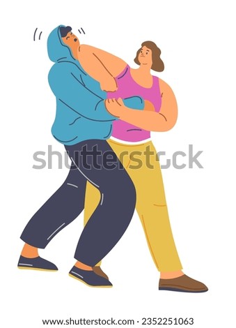 Self defense lessons and classes for women, how to protect yourself in different situations. Isolated female character fighting against man using techniques and staying safe. Vector in flat style