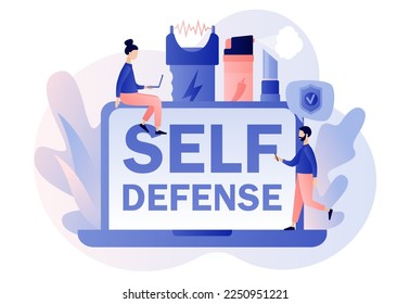 Self defense online. Electric shock, pepper spray, brass knuckle, knife. Tiny people arming against bandits and hooligans. Modern flat cartoon style. Vector illustration on white background
