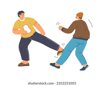 Self defense practice and fighting knowledge and skills gaining. Isolated men beating each other, staying safe and using techniques for defeating of enemy or bad people at street. Vector in flat style