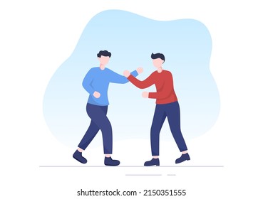 Self Defense Practice and Martial Arts Training for Fighting Criminals in battle on Flat Cartoon Vector Illustration