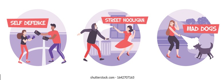 Self defense round compositions set with flat images of women arming against hooligans and mad dogs vector illustration