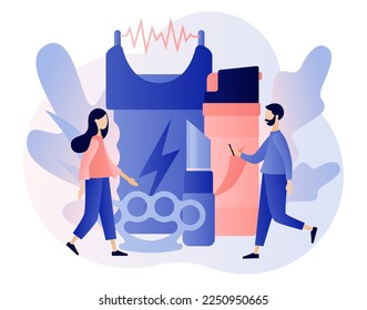 Self defense shop. Electric shock, pepper spray, brass knuckle, knife. Tiny people arming against bandits and hooligans. Modern flat cartoon style. Vector illustration on white background
