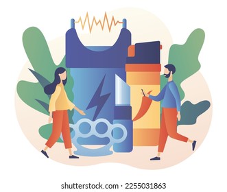 Self defense shop. Tiny people arming against bandits and hooligans. Electric shock, pepper spray, brass knuckle, knife. Modern flat cartoon style. Vector illustration on white background
