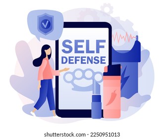 Self defense smartphone app. Electric shock, pepper spray, brass knuckle, knife. Tiny people arming against bandits and hooligans. Modern flat cartoon style. Vector illustration on white background
