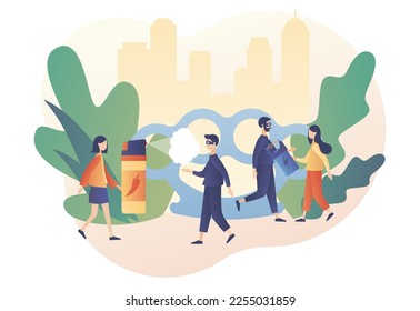 Self defense. Tiny people arming against bandits and hooligans. Electric shock, pepper spray, brass knuckle. Modern flat cartoon style. Vector illustration on white background
