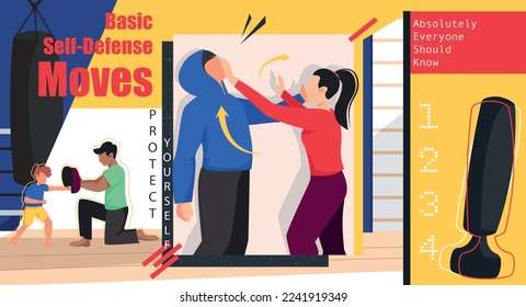 Self defense training composition with flat collage of woman and child characters building resistance with moves vector illustration