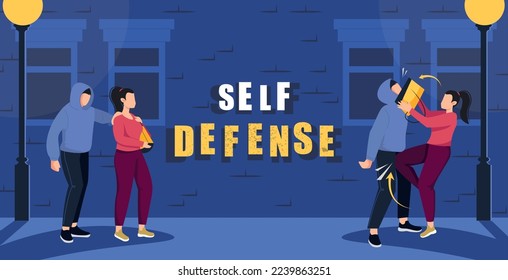 Self defense training flat composition of editable text and outdoor view of backstreet with hooligans victim vector illustration