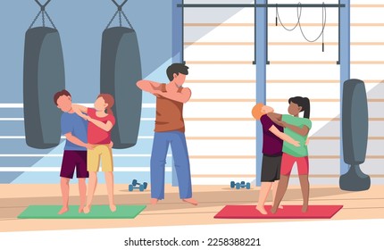 Self defense training flat composition with indoor view of gym with trainer and fighting teenage kids vector illustration