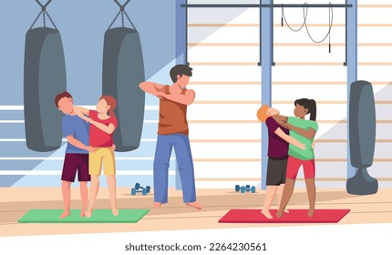 Self defense training flat composition with indoor view of gym with trainer and fighting teenage kids vector illustration