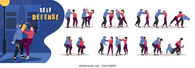 Self defense training flat set of isolated compositions with text and isolated human characters in fight vector illustration