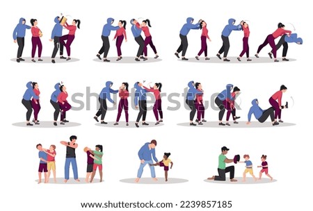 Self defense training flat set with isolated characters of male hooligans being kicked by women children vector illustration