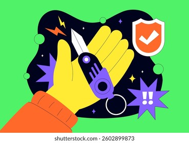 Self Defense Vector Illustration Featuring Various Types of Protective Equipment Against Danger or Threat in a Flat Style Cartoon Background