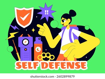 Self Defense Vector Illustration Featuring Various Types of Protective Equipment Against Danger or Threat in a Flat Style Cartoon Background