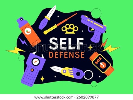 Self Defense Vector Illustration Featuring Various Types of Protective Equipment Against Danger or Threat in a Flat Style Cartoon Background