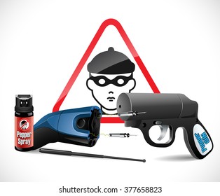 Self defense weapons - taser, pepper spray and pistol and criminal sign