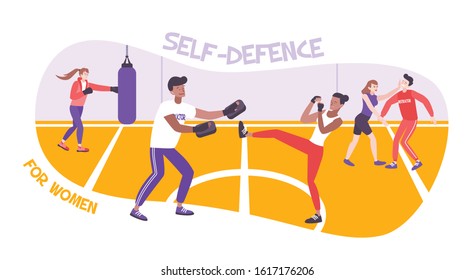 Self defense woman flat composition with text and indoor playground with women practicing vector illustration