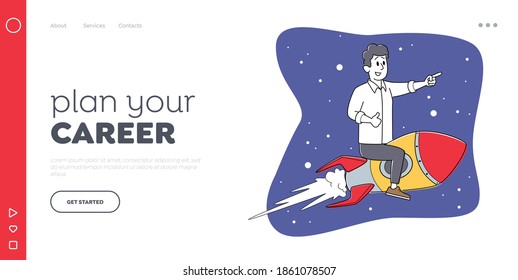 Self Development, Business Success, Career Boost, Start Up and Growth Landing Page Template. Businessman Character Fly on Rocket in Space. Office Worker Fly Up by Spaceship. Linear Vector Illustration