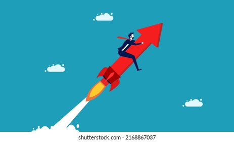 Self development. A businessman rides a growth arrow. investment and business