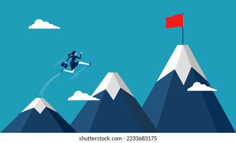 self development. Businesswoman jumping to new mountain