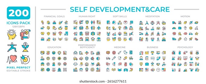 Self development and care colorful icons set collection. Mental and physical health. Personal improvement mega pack of flat line symbols, pixel perfect. Isolated vector illustrations. Editable stroke