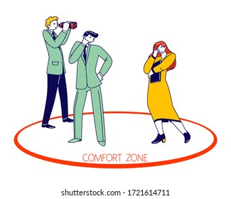 Self Development, Career Growth, Alternative Thinking, Inspiration Concept. Male Female Business People Characters Stand inside of Red Circle Scary to Leave Comfort Zone. Linear Vector Illustration