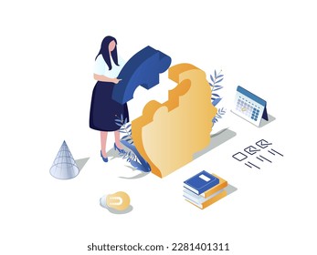 Self development concept 3d isometric web scene. People improve skills, work on positive mindset, study, read books, achieving career and personal goals. Vector illustration in isometry graphic design