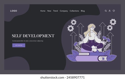 Self Development concept. Depicts a peaceful woman meditating on knowledge, surrounded by growth symbols, representing the pursuit of personal advancement. Vector illustration