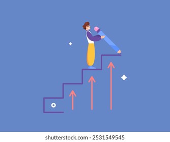 self development concept. developing and improving skills and expertise. career is growing. illustration of a man using a pencil to make a foothold to continue to grow. flat style design. elements