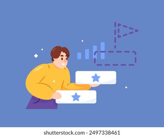 self development concept. keep practicing to develop improve self quality and achieve success. illustration of a man's process to try to achieve goals. effort and effort. flat style design. graphic