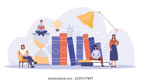 Self development concept. Men and women with big books, education, learning and training, information and knowledge. Career and ambition, motivation, practice. Cartoon flat vector illustration