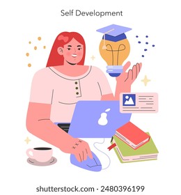 Concepto de autodesarrollo. Una mujer sonriente participa en el aprendizaje en línea con una computadora portátil, libros y una tapa de graduación de bombilla. Educación permanente y mejora de las capacidades. Ilustración vectorial.
