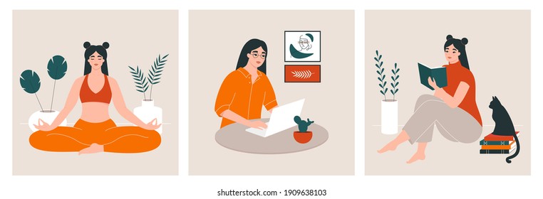 Self development concept. Young woman performing activities for personal growth: reading books, meditating, working. Home routine, everyday life, daily tasks of a girl. Set of vector illustrations