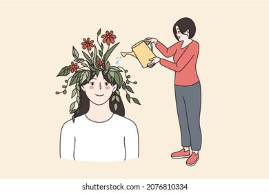 Self development and creativity concept. Young smiling woman standing watering blooming red flowers in head of female vector illustration 