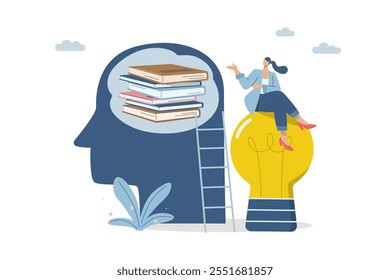 Self development and education concepts, Ambition to achieve success, Learning new skills, creativity, Businesswoman seeks knowledge develops ideas to promote career or business growth. Vector design.