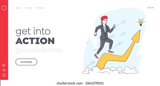 Self Development, Education Landing Page Template. Businesswoman Character Run Up at Huge Arrow Chart with Glowing Light Bulb on Top. Business Success, Education, Idea. Linear Vector Illustration - Shutterstock ID 1861078501
