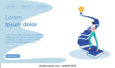 Self Development Flat Landing Page Vector Template. Movement to Idea, Learning Process and Objective Point Metaphor. Woman Stepping Up Book Ladder Faceless Character. Education, Study Homepage Layout