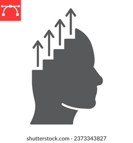 Self development glyph icon, progress and goals, human head shape ladder vector icon, vector graphics, editable stroke solid sign, eps 10.
