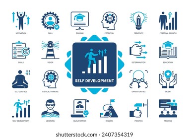 Juego de iconos de Autodesarrollo. Metas, Motivación, Capacitación, Aprendizaje, Habilidades, Crecimiento Personal, Creatividad, Pensamiento Crítico. Iconos sólidos de color Duotone