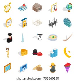 Self development icons set. Isometric set of 25 self development vector icons for web isolated on white background