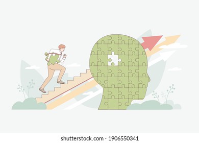 Self development, improvement and personal growth concept. Businessman cartoon character climbing up ladder through human brain with messed piece forward up vector illustration