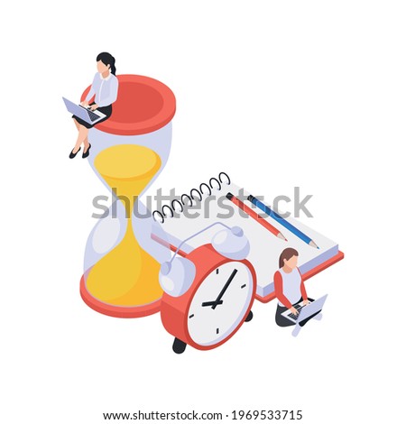 Self development isometric concept with two working people sand glass alarm clock notepad 3d vector illustration