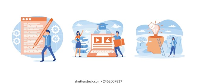 Self development and management. Online courses or internet tutorials. Education and personal growth concept. Set flat vector modern illustration 