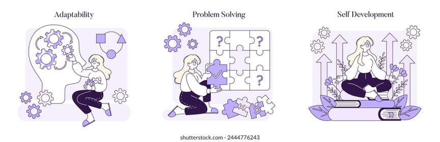 Self Development set. A visual narrative on adaptability in thought, puzzle-solving acuity, and the tranquility of self-growth. Captures the journey of personal enhancement. Vector illustration