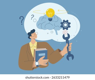Self development strategies, Meta skill, Continuous skill development, Progress improvement personal development concept, Personal growth, Flat vector design illustration.
